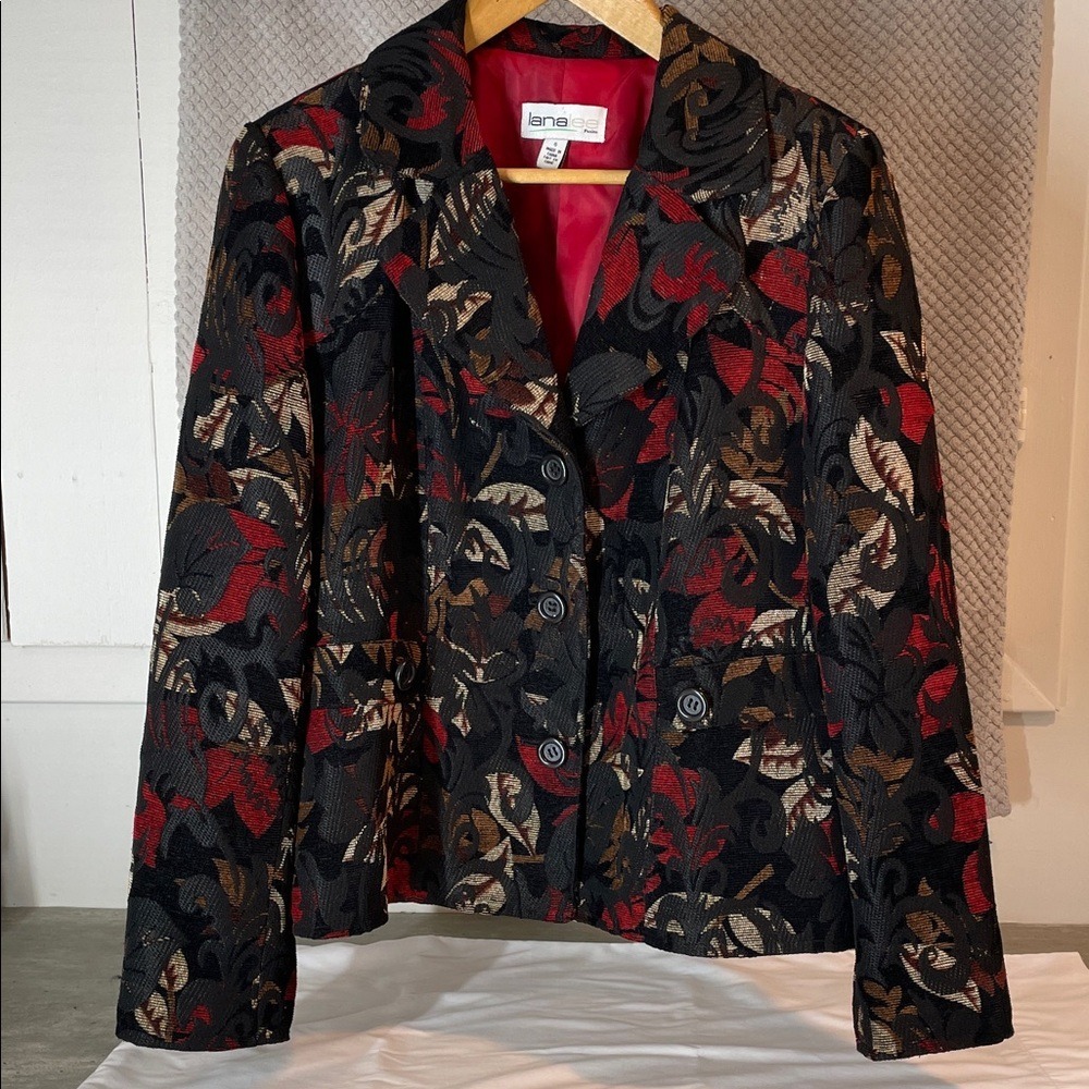 Lana Lee Petite Tapestry Blazer 6 Red Black Floral Woven Jacket‎ Excellent 10704